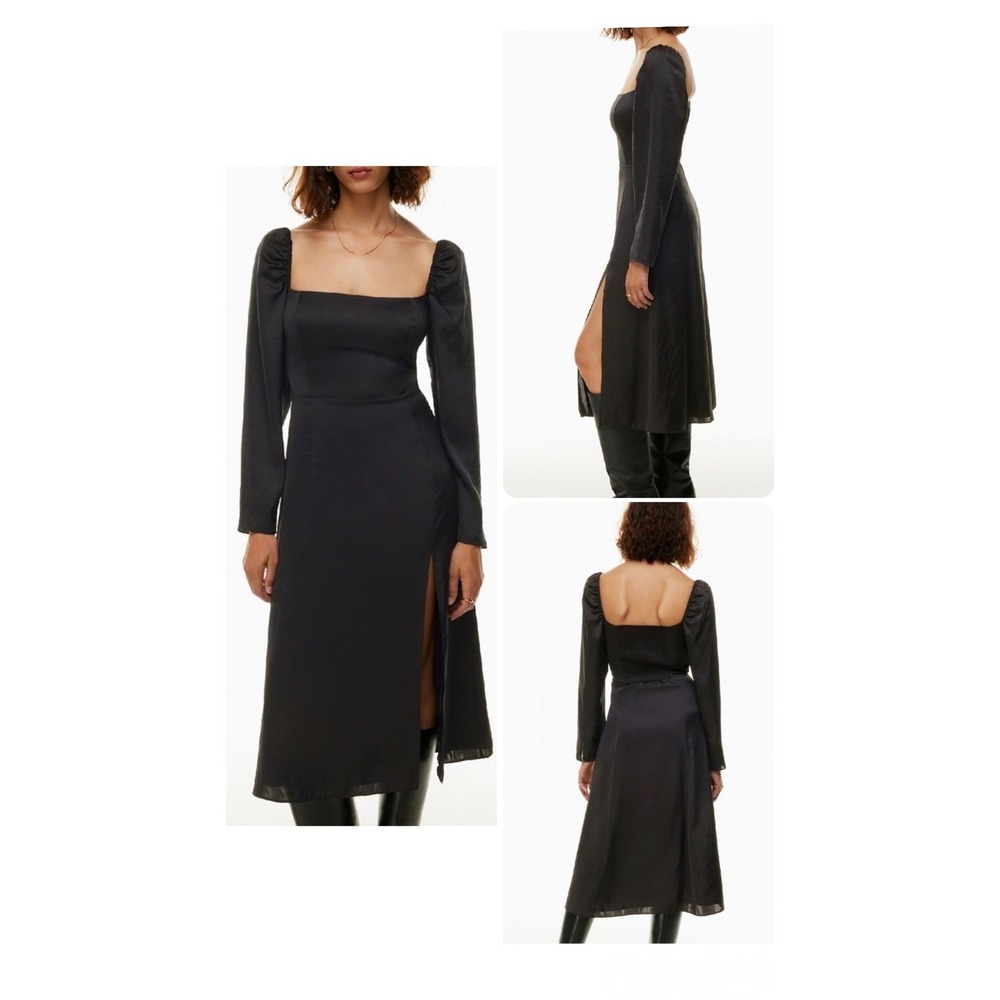 Wilfred Aritzia Black Satin Square Neck Long Sleeve Midi Dress Side Slit Size 8